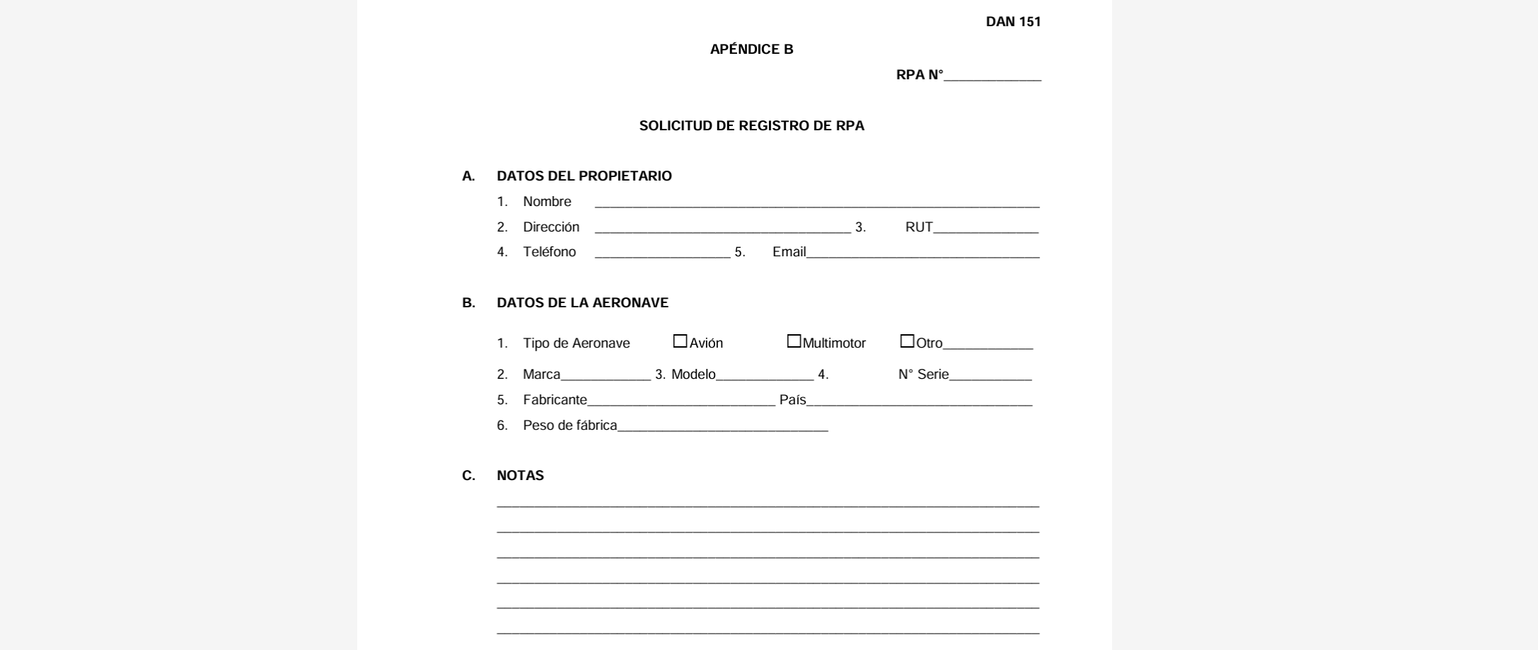 Apéndice B requerido para el registro de una aeronave RPA ante la DGAC
