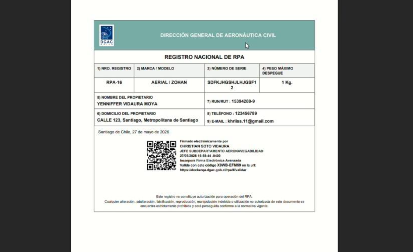 Ejemplo de certificado de registro RPA emitido por la DGAC