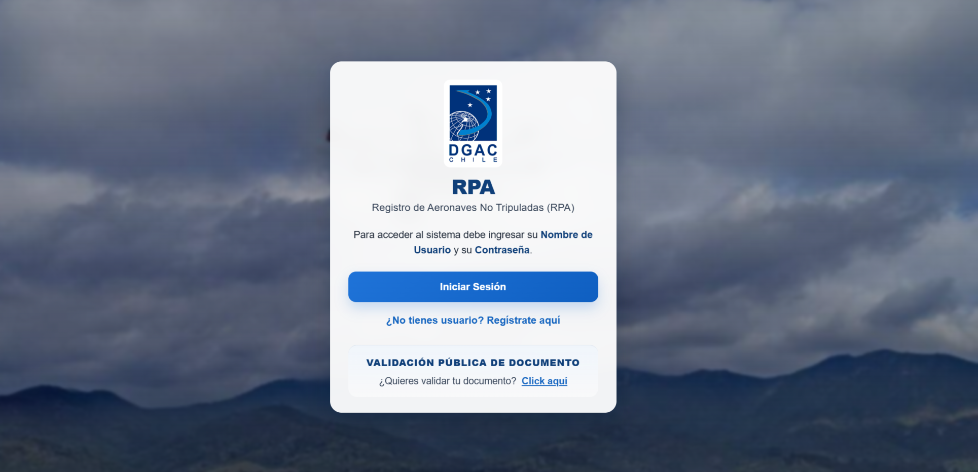 Pantalla de acceso al sistema de registro RPA de la DGAC